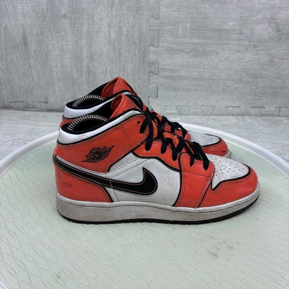 Nike Air Jordan 1 Mid Kids 6Y Orange White Leather Sneakers BQ6931-802